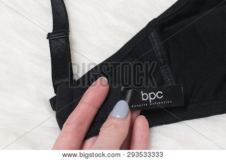 Kharkov, Ukraine - March 04, 2019: Label Bpc Bonprix Collection Of Black Cotton Bra In Female Hand. 