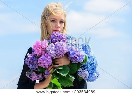 Stop Allergy Blooming Season. Girl Tender Blonde Hold Hydrangea Bouquet. Springtime Bloom. Pollen Al