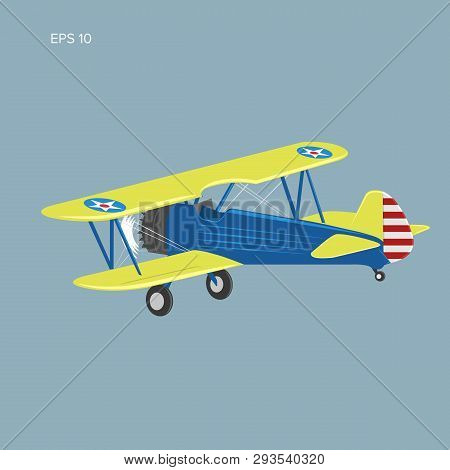 Retro Biplane Plane Vector Illusration. Vintage Piston Engine Airplane