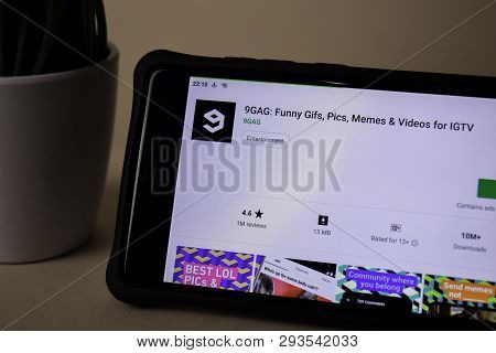 Bekasi, West Java, Indonesia. April 5, 2019 : 9gag Dev Application On Smartphone Screen. Funny Gifs,