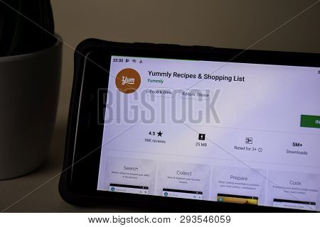 Bekasi, West Java, Indonesia. April 5, 2019 : Yummly Recipes Dev Application On Smartphone Screen. S