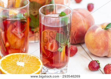 Berries Mojito With Energy Drink, Strawberry, Peach And Sweet Syrup. Fresh Mohitos Cocktail On White