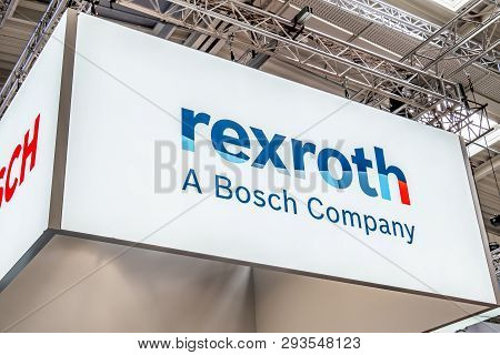 Hannover , Germany - April 02 2019 : Bosch Rexroth Is Displaying Continuous Innovation At The Hannov