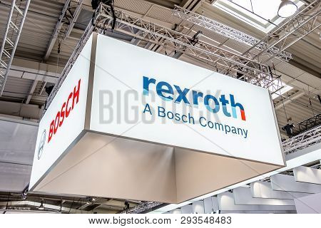 Hannover , Germany - April 02 2019 : Bosch Rexroth Is Displaying Continuous Innovation At The Hannov