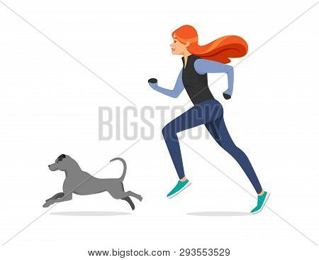 Adorable Girl With Long Ginger Hair Wearing Sport Clothes Running With Dog Isolated On White Backgro
