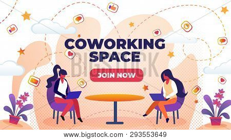 Horizontal Flat Banner Written Coworking Space. Vector Illustration On Pink Background. Young Women 
