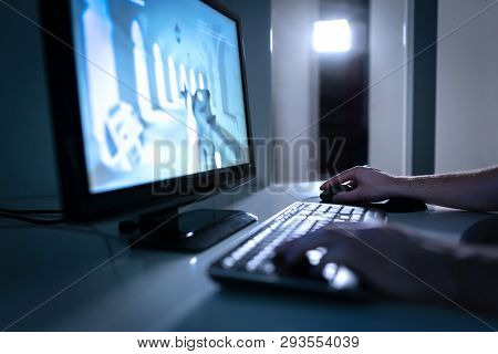 Video Game Player Playing Fps Videogame Online. Guy With Desktop Pc Computer. Esports, Streaming Or 