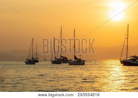 Sunset On The Sailing Boats In Lérins Islands, Cannes French Riviera France