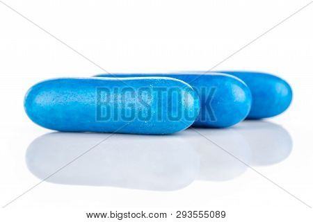 Group Of Three Whole Blue Sweet Licorice Comfit Isolated On White Background