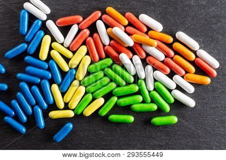 Lot Of Whole Colorful Sweet Licorice Comfit Flatlay On Grey Stone