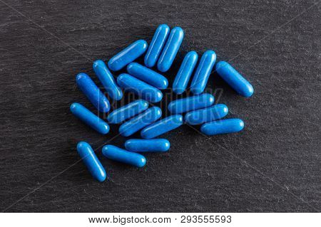 Lot Of Whole Blue Sweet Licorice Comfit Flatlay On Grey Stone