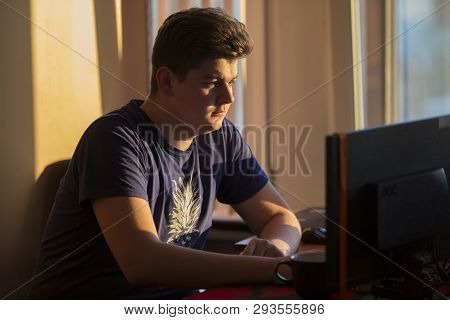 Belarus, Gimel, March 2, 2019. Business Center. Hackathon City. A Young Programmer At The Computer.