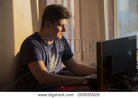 Belarus, Gimel, March 2, 2019. Business Center. Hackathon City. A Young Programmer At The Computer.