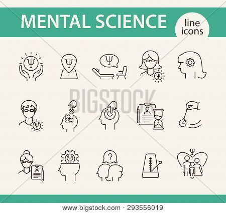 Mental Science Line Icon Set. Patient, Psychologist, Brain Work. Psychology Concept. Can Be Used For