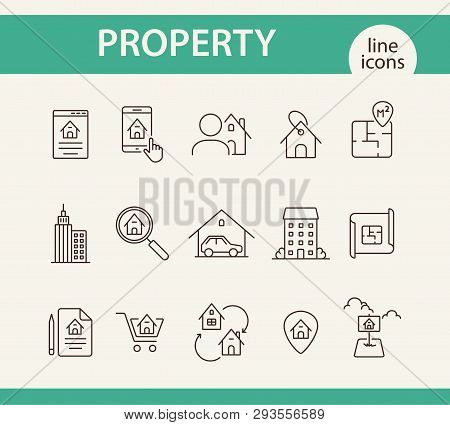 Property Line Icon Set. House, Garage, Apartment, Floor Plan. Home Concept. Can Be Used For Topics L