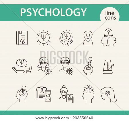 Psychology Line Icon Set. Man, Woman, Head, Gear. Mental Science Concept. Can Be Used For Topics Lik