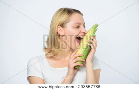 Cheerful Female Farmer. Farming, Farmer Girl With Maize. Corn Crop. Vitamin Dieting Food. Healthy Te