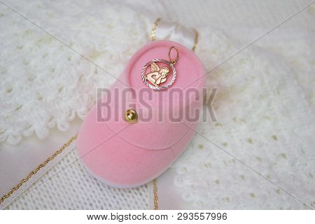 Gold Medallion For The Baby, A Gift For The Baptism Of A Golden Pendant Angel
