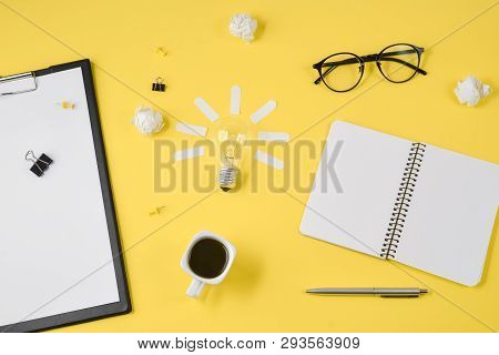 Flat Lay Financial Planning Brainstorming Messy Table Top Image With Blank Clip Board, Office Suppli