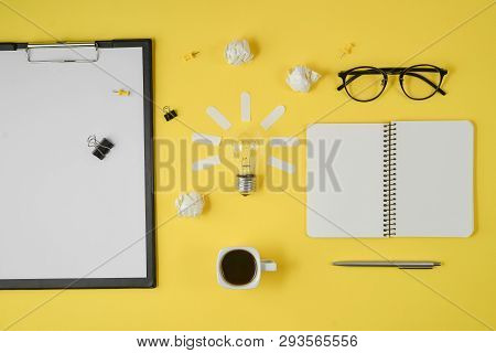 Flat Lay Financial Planning Brainstorming Messy Table Top Image With Blank Clip Board, Office Suppli