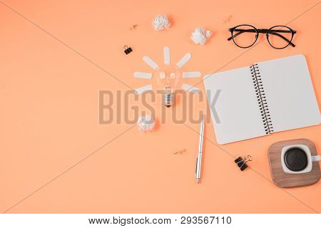 Flat Lay Financial Planning Brainstorming Messy Table Top Image With Blank Clip Board, Office Suppli