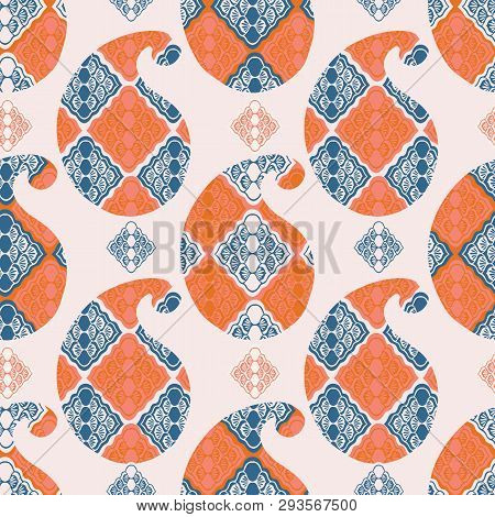 Hand Drawn Paisley Motif Illustration. Seamless Vector Pattern All Over Print With Traditional Arabi