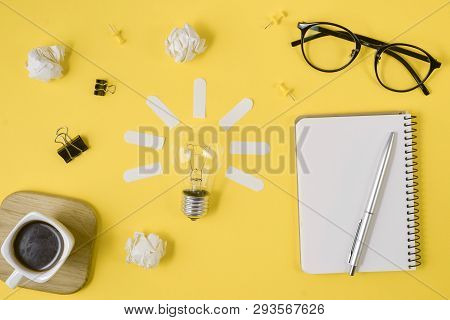 Flat Lay Financial Planning Brainstorming Messy Table Top Image With Blank Clip Board, Office Suppli