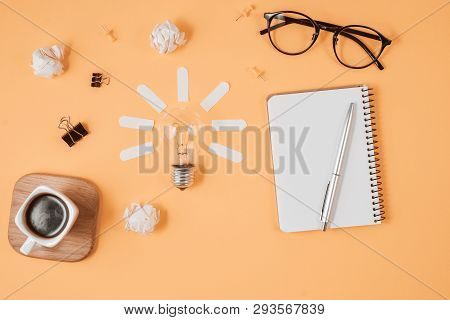 Flat Lay Financial Planning Brainstorming Messy Table Top Image With Blank Clip Board, Office Suppli