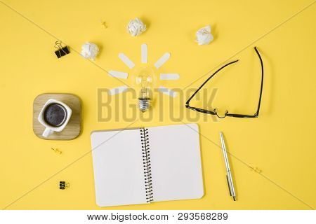 Flat Lay Financial Planning Brainstorming Messy Table Top Image With Blank Clip Board, Office Suppli