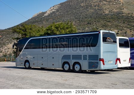 Mycenae, Greece- February 9, 019: Setra Buses Parked On A Parking Lot Waiting In A Hot Weather For T