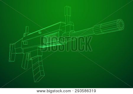 Assault Rifle, Automatic Fire Rifle Model Wireframe Low Poly Mesh Vector Illustration