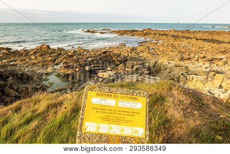 Auderville, Normandy, France - August 27, 2018: The Road Sign Coastal Path Or Sentier Du Littoral. C