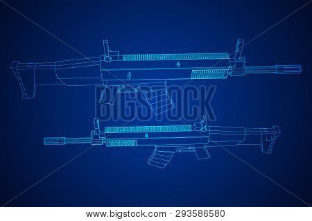 Assault Rifle, Automatic Fire Rifle Model Wireframe Low Poly Mesh Vector Illustration