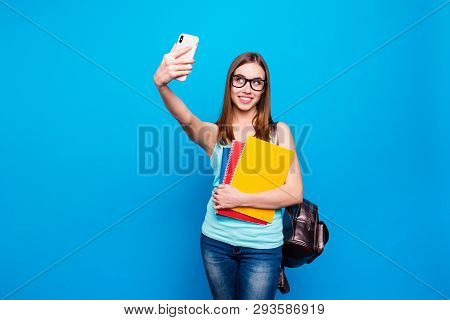 Close Up Photo Beautiful Amazing She Her Lady Hold Study Applies Back Bag Telephone Hand Arm Make Ta
