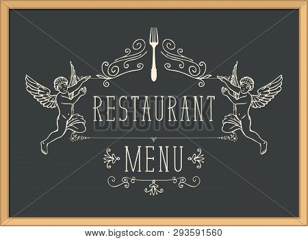 Vector Restaurant Menu With Two Angels Or Cupids On The Black Background. Contour Drawings In Retro 
