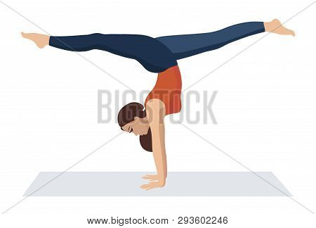 Vector Illustration On White Background. Handstand Asanas With Twine In Yoga. Beautiful Young Woman 