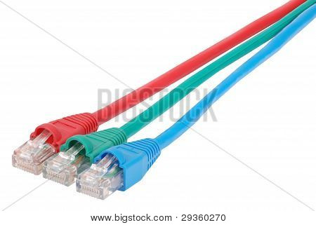 Makro detail Rj45 síťové zástrčky červená modrá a zelená