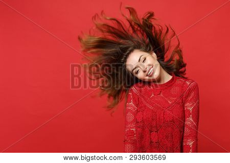 Smiling Young Woman With Flowing Hair In Lace Dress Keeping Mouth Open, Fooling Around Isolated On B