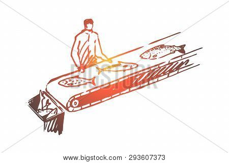 Fish, Sorting, Industry, Production, Raw Concept. Hand Drawn Worker Sorting Fish At Production Line 