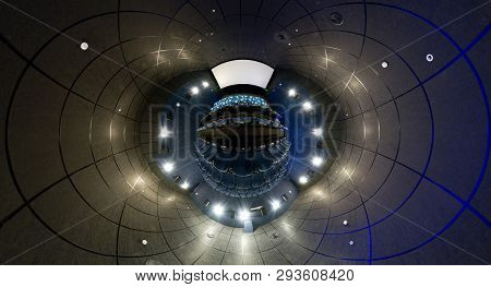 360 Degrees Panorama Of A Modern Cinema Hall, Mini Planet Style. 360 Spherical View Of Movie Theater