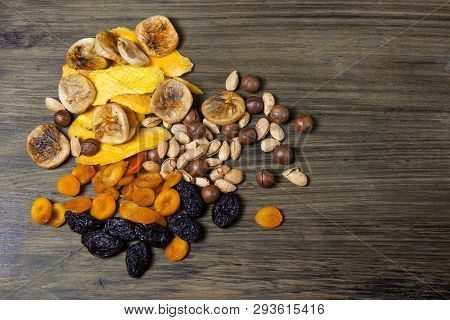 Mixed Dried Fruits. Symbols Of The Jewish Holiday Tu Bishvat. Figs, Dried Apricots, Prunes, Nuts, Al