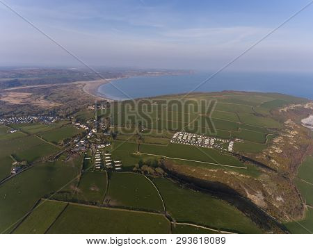 Editorial Swansea, Uk - March 31, 2019: Aerial View Of The Gower Peninsula Over Oxwich Green, Slade 