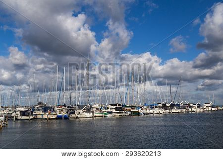Copenhagen, Denmark - October 03, 2018: Sailboats Anchored At Kastrup Sailboat Harbour