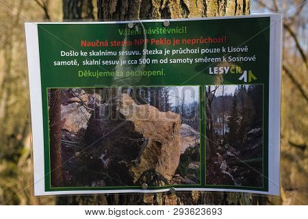 Peklo, Czech Republic - March 20, 2019: Information Table In Robecske Udoli Valley In Czech Turist R