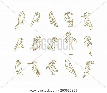 Set Of Bird Icons In Vintage Art Deco Flat Graphic Style Drawing On White Background