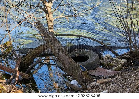Garbage Thrown To The Bank Of The River, The Topic Of Environmental Pollution