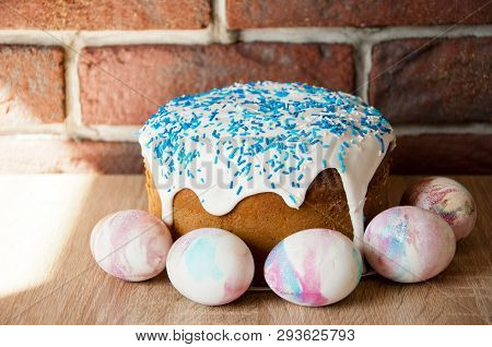 Happy Easter. Dessert. Backery. Painted Eggs. Easter Cake On Table. Spring Preparation. Marble Shell