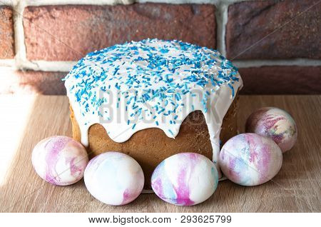 Easter Cake With Sprinkles On Glaze. Happy Easter. Dessert. Backery. Spring Holiday. Marble Shell. P
