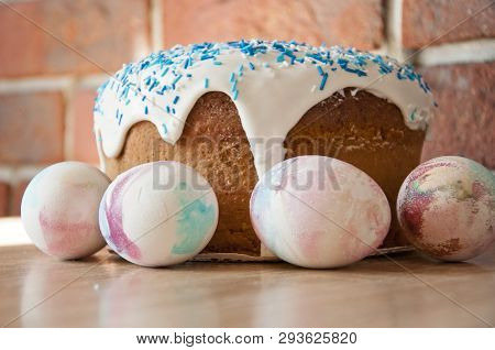 Happy Easter. Dessert. Backery. Egg Hunt. Traditional Food Cooking. Painted Eggs. Easter Cake On Tab
