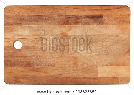 Top View Closeup Of Used Wooden Kitchen Cutting Woodboard Isolated On White Background